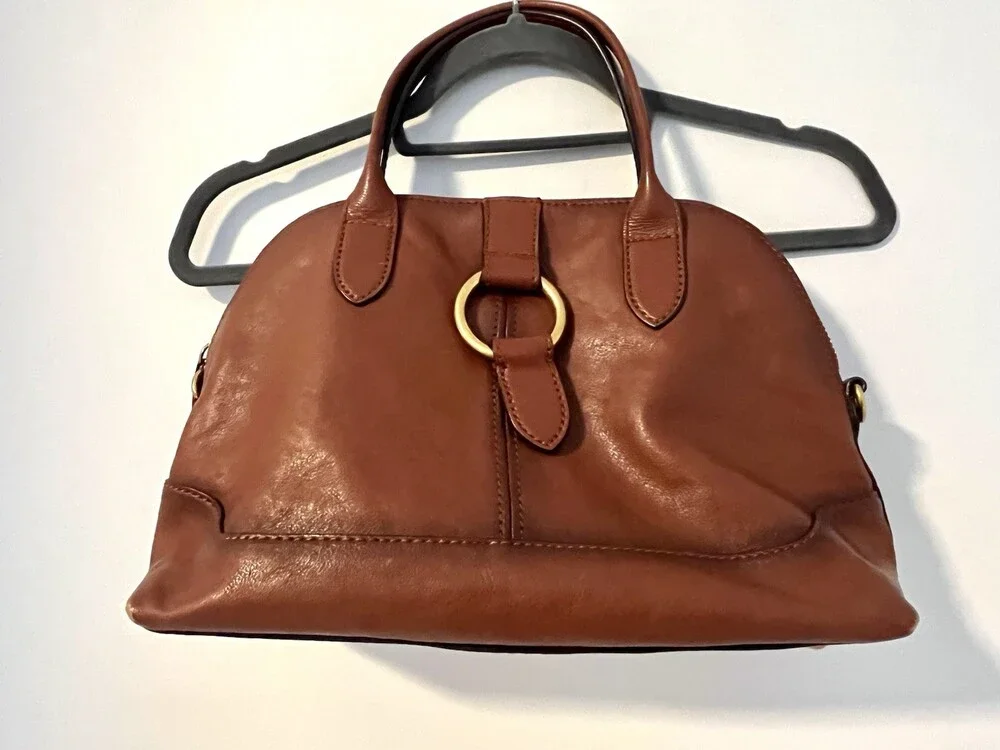 Frye Brown Zip Top Satchel Gold Hardware Lined Pockets
